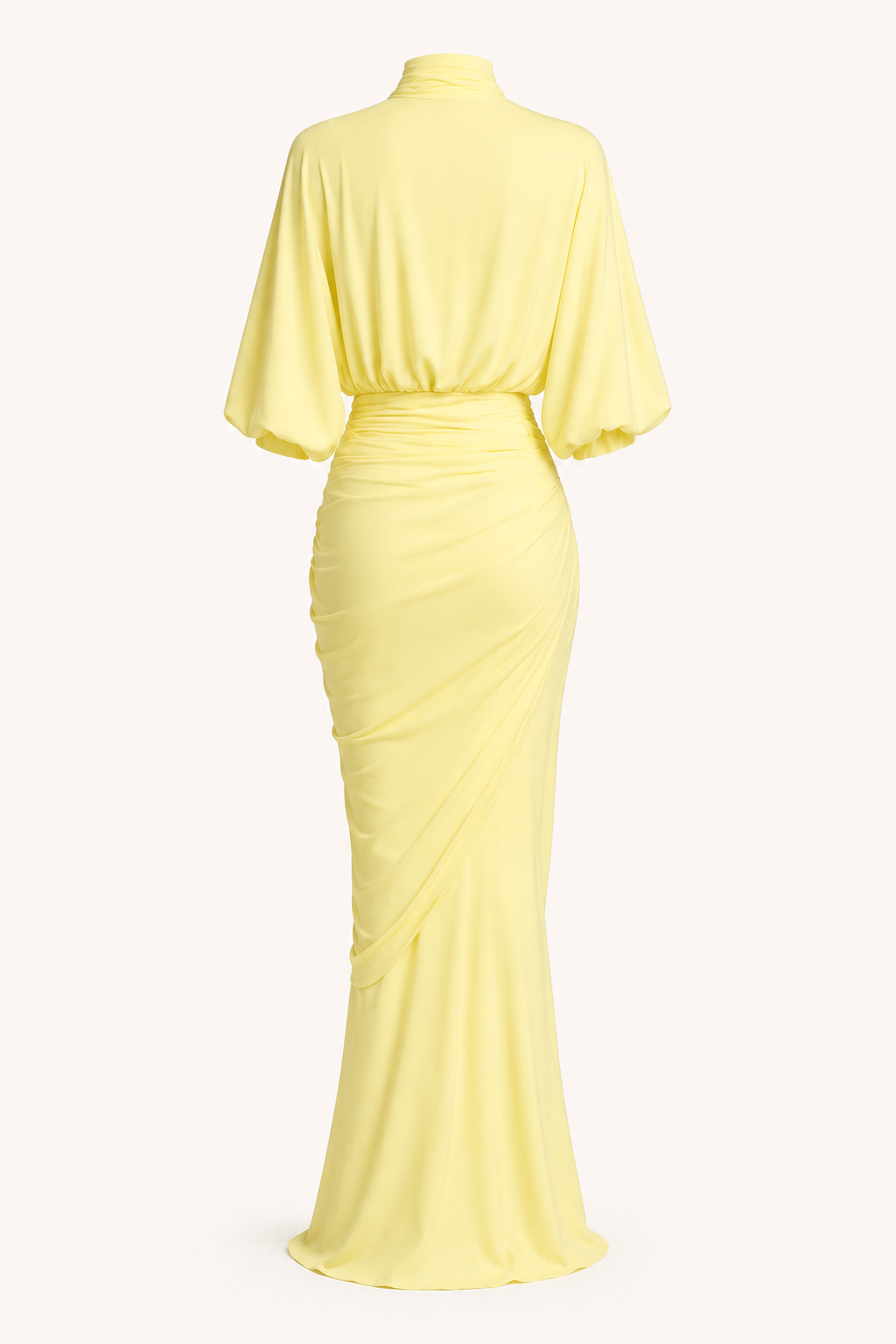 Vestido largo mujer invitada boda cuello alto manga amplia fruncido – Maren