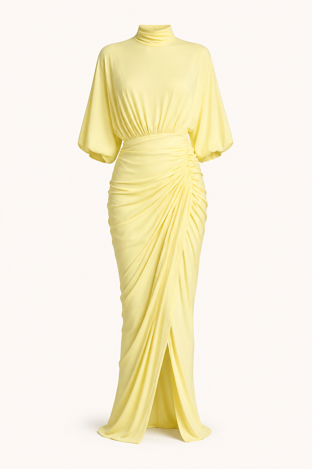 Vestido largo mujer invitada boda cuello alto manga amplia fruncido – Maren