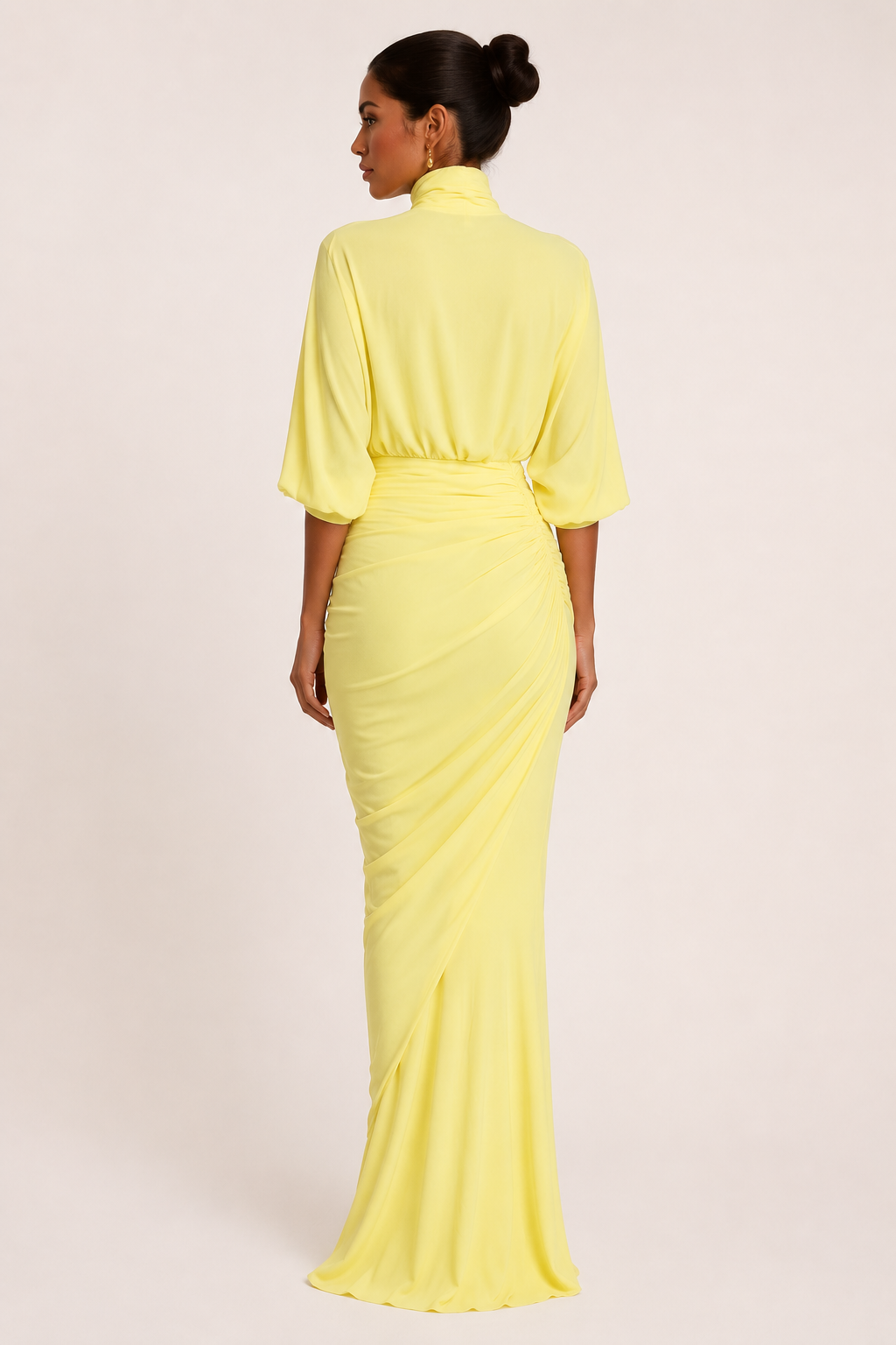Vestido largo mujer invitada boda cuello alto manga amplia fruncido – Maren