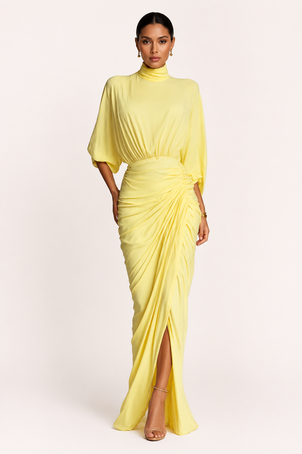 Vestido largo mujer invitada boda cuello alto manga amplia fruncido – Maren