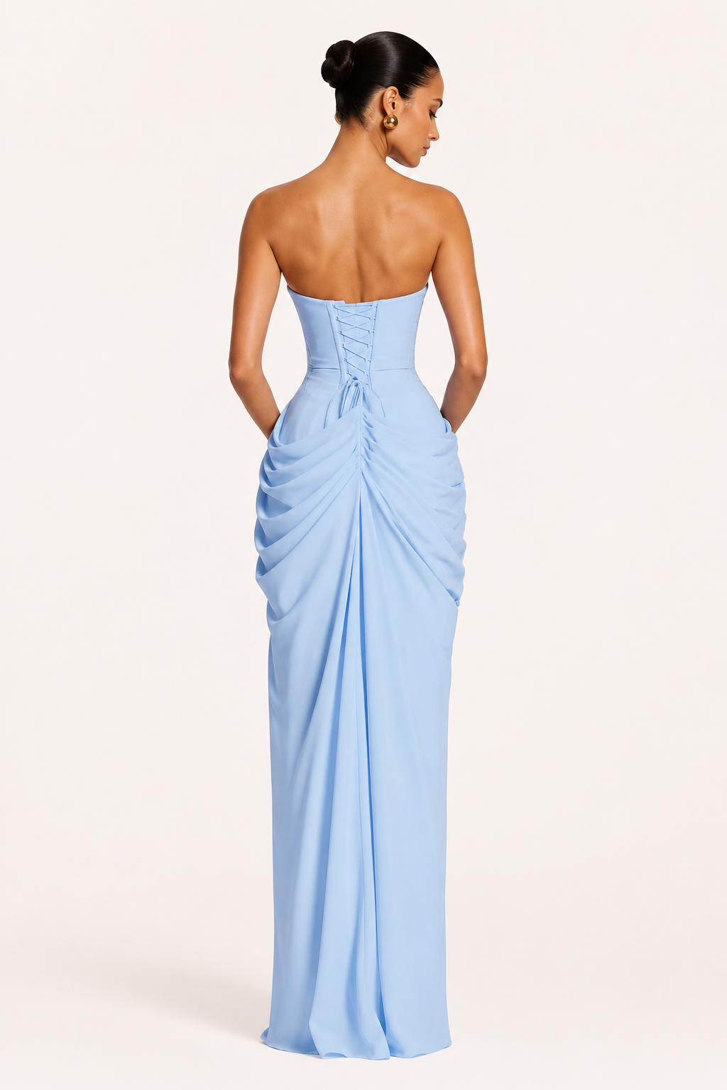 Vestido largo mujer evento elegante escote recto drapeado lateral abertura – Ottilie