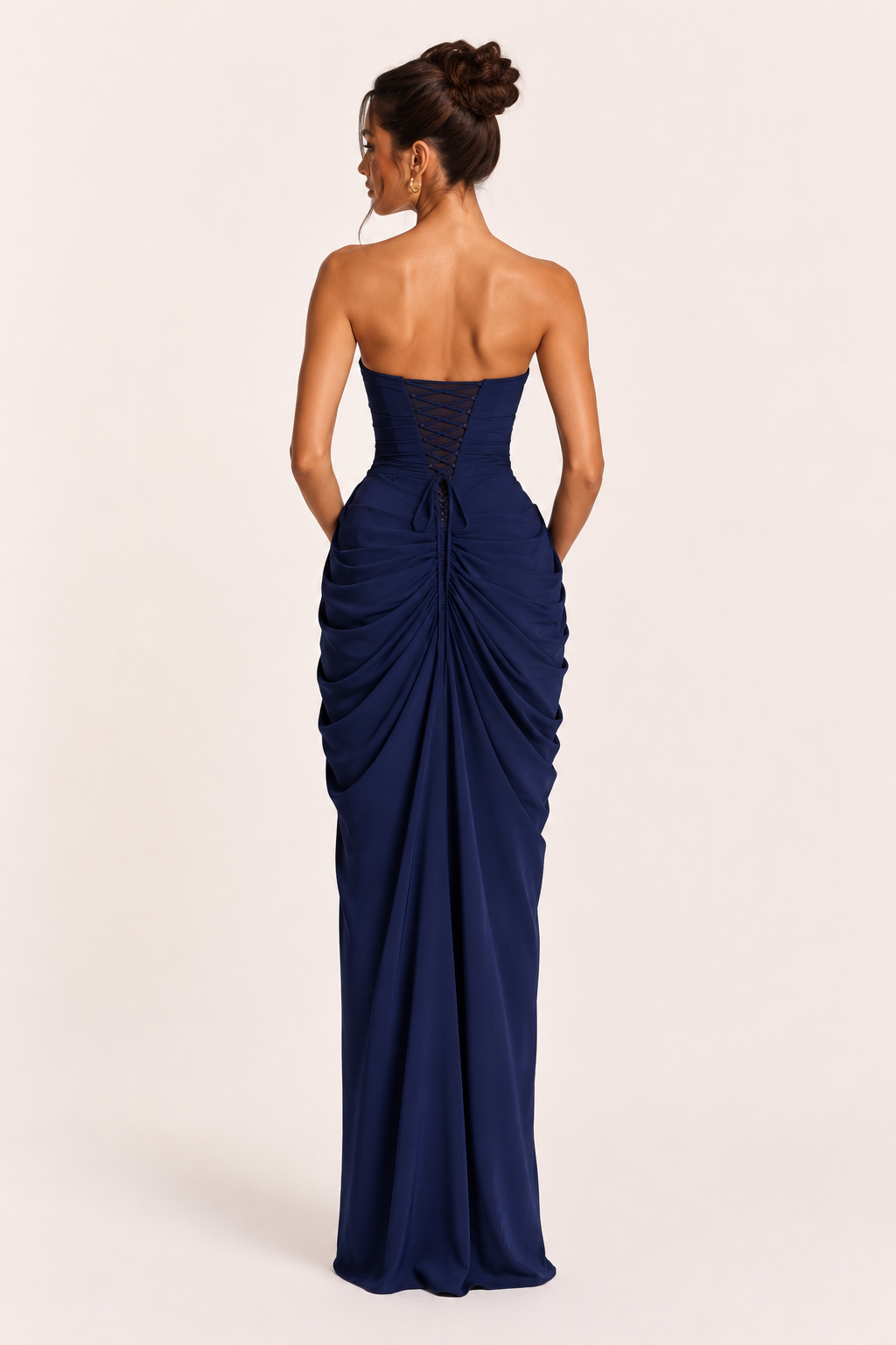 Vestido largo mujer evento elegante escote recto drapeado lateral abertura – Ottilie