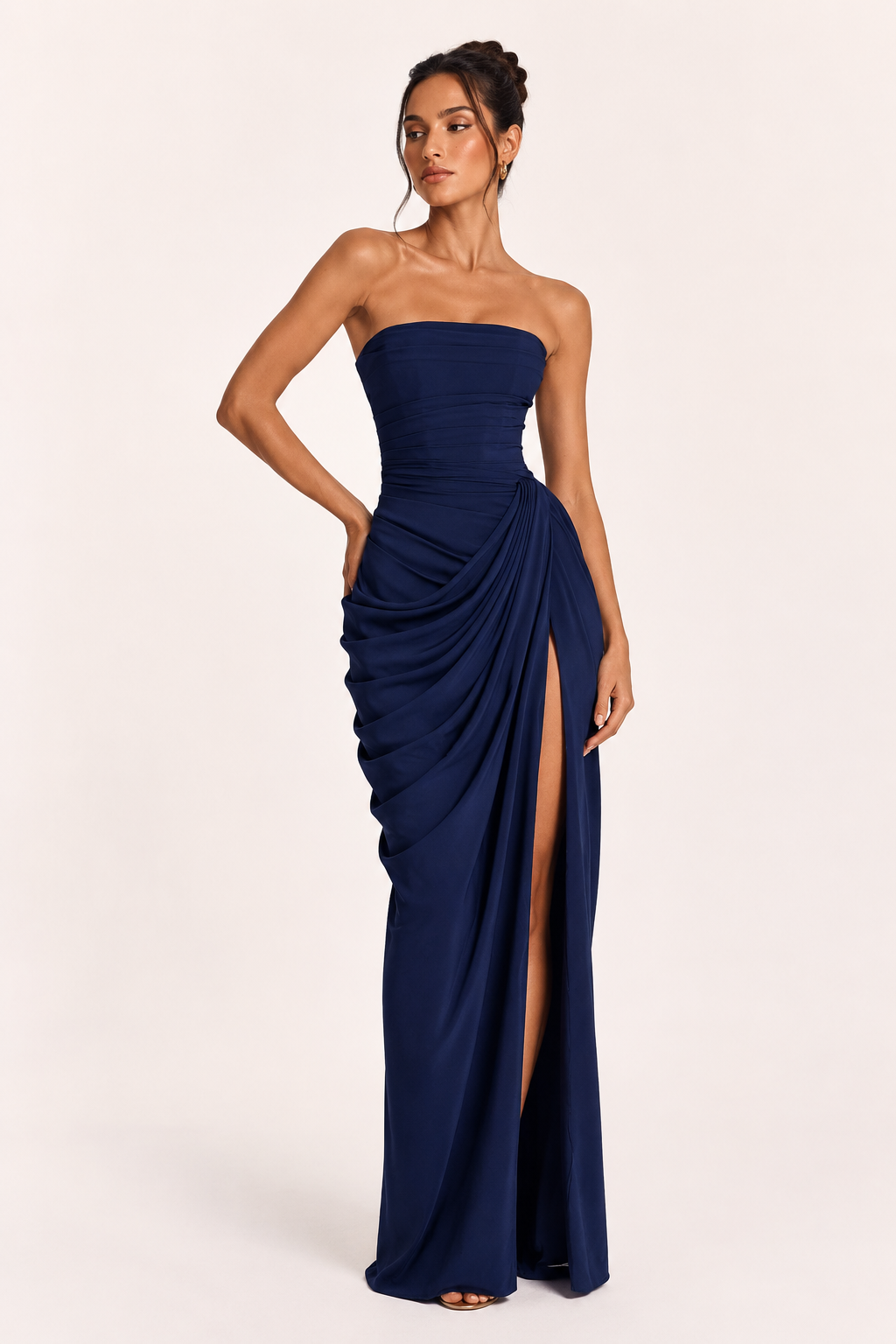 Vestido largo mujer evento elegante escote recto drapeado lateral abertura – Ottilie