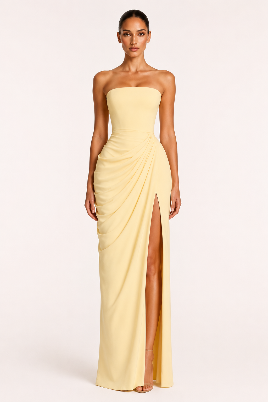 Vestido largo mujer evento elegante escote recto drapeado lateral abertura – Ottilie