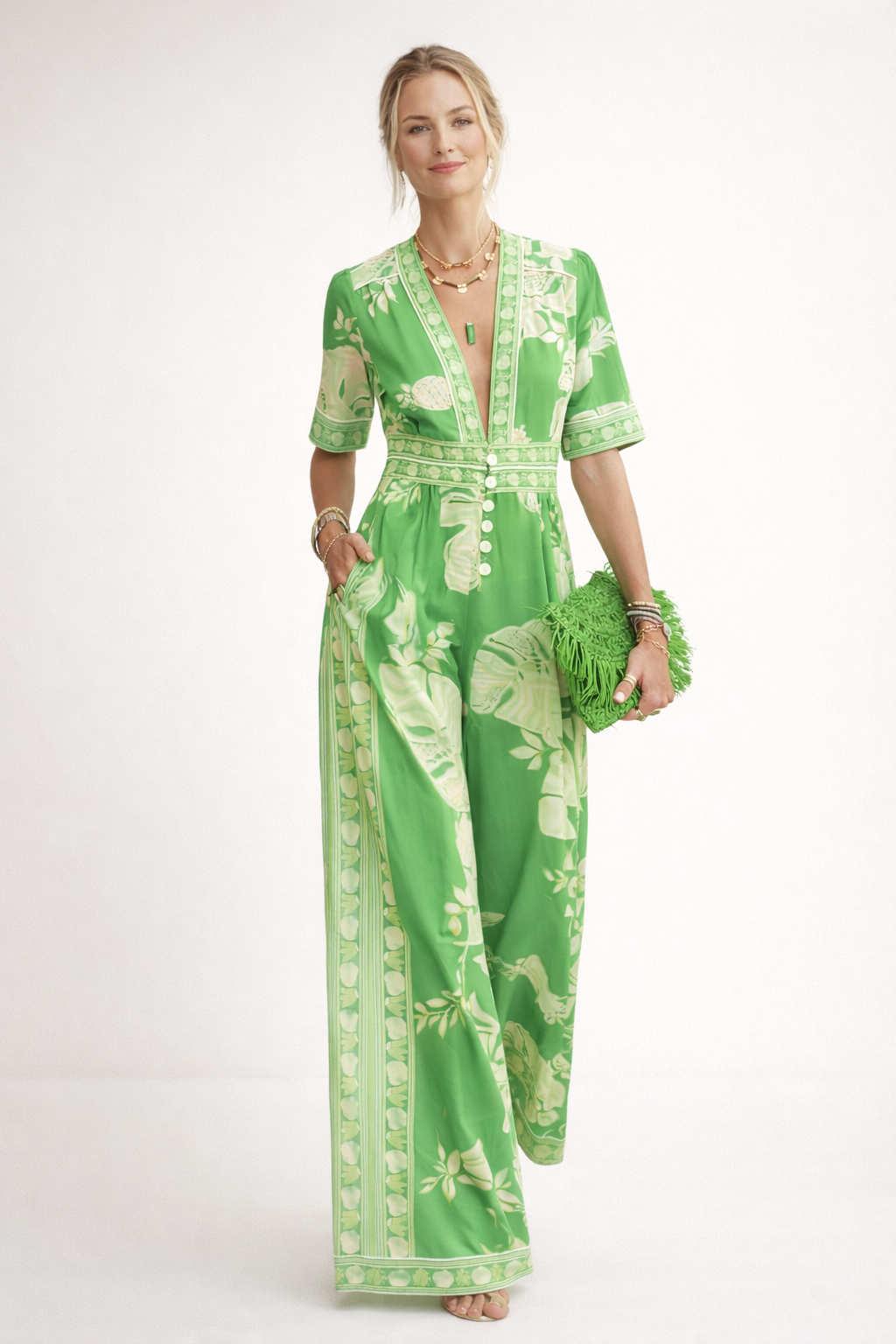 Jumpsuit estampado floral con escote en V para mujer - Milika