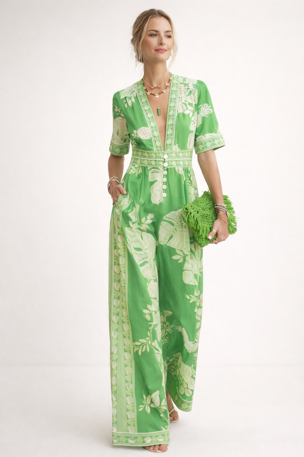 Jumpsuit estampado floral con escote en V para mujer - Milika