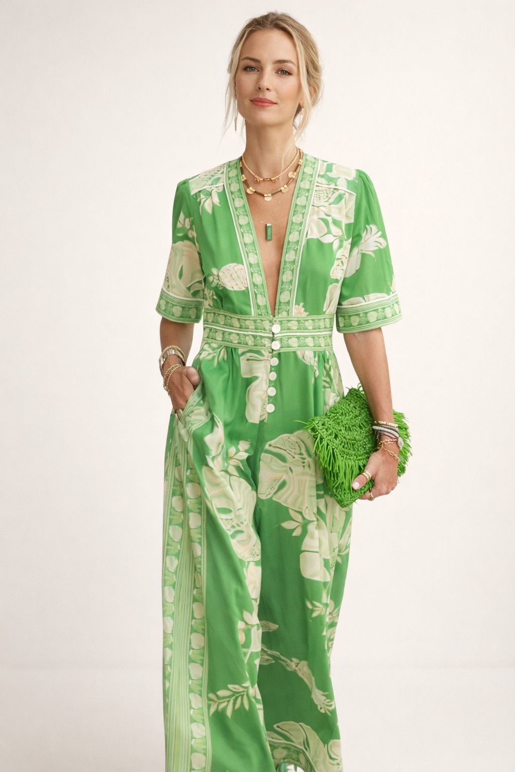Jumpsuit estampado floral con escote en V para mujer - Milika