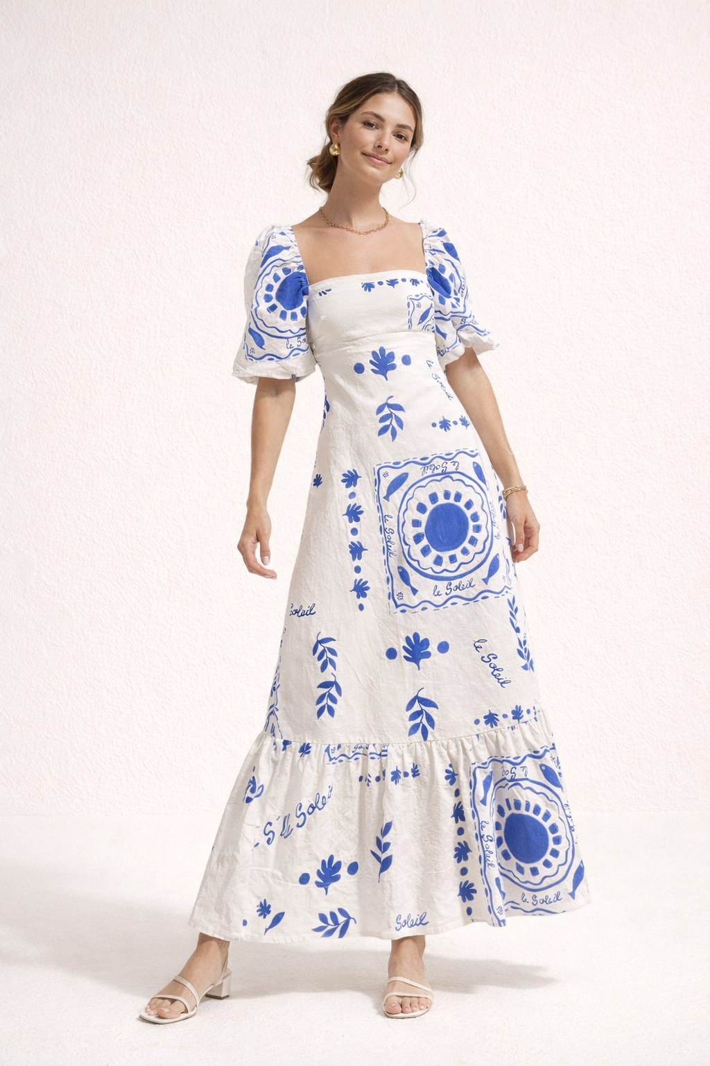 Vestido midi estampado con escote cuadrado y manga abullonada - Soleil