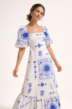 Vestido midi estampado con escote cuadrado y manga abullonada - Soleil