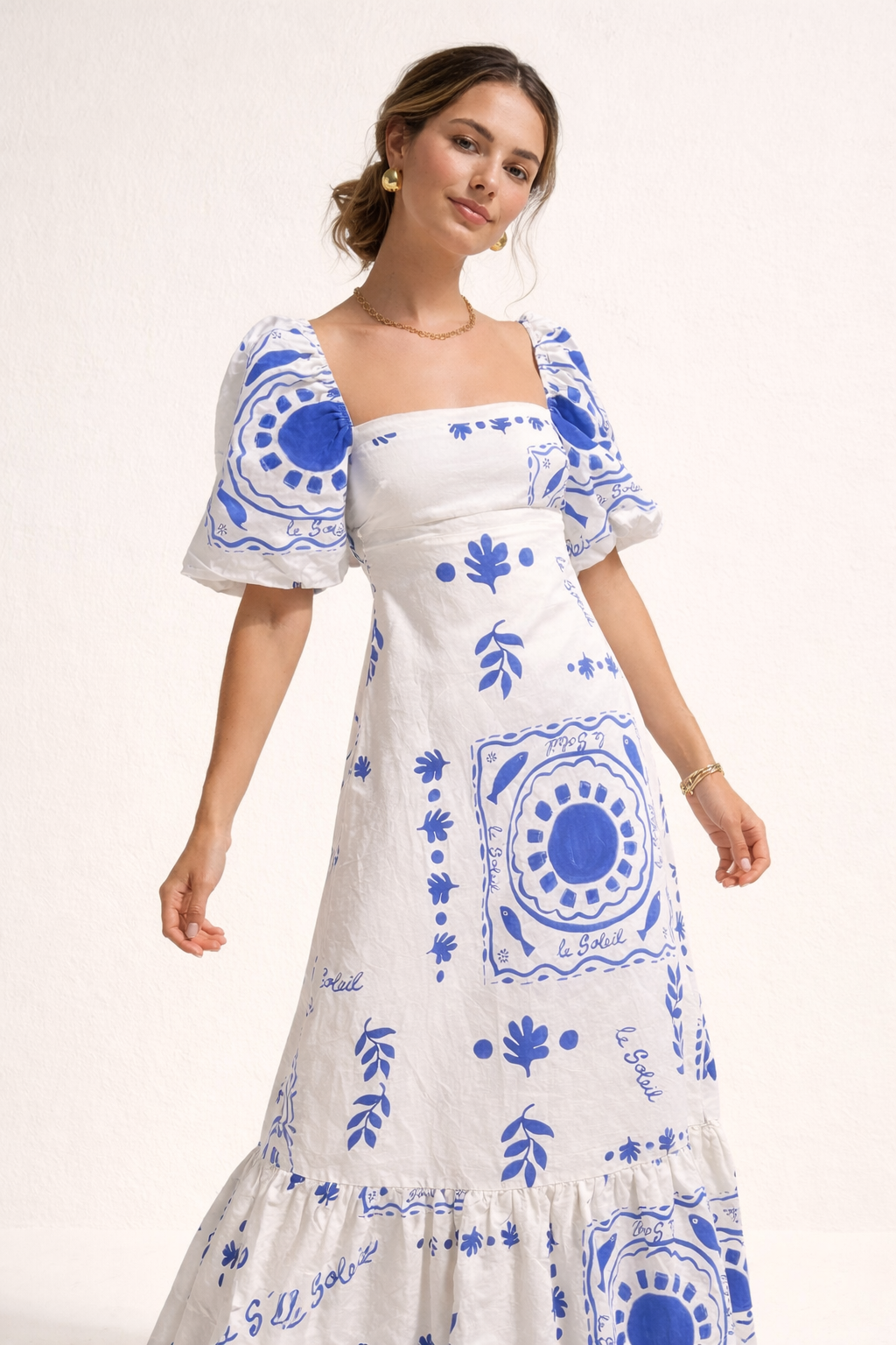 Vestido midi estampado con escote cuadrado y manga abullonada - Soleil