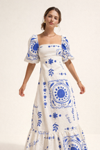 Vestido midi estampado con escote cuadrado y manga abullonada - Soleil