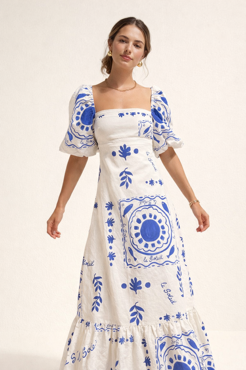 Vestido midi estampado con escote cuadrado y manga abullonada - Soleil