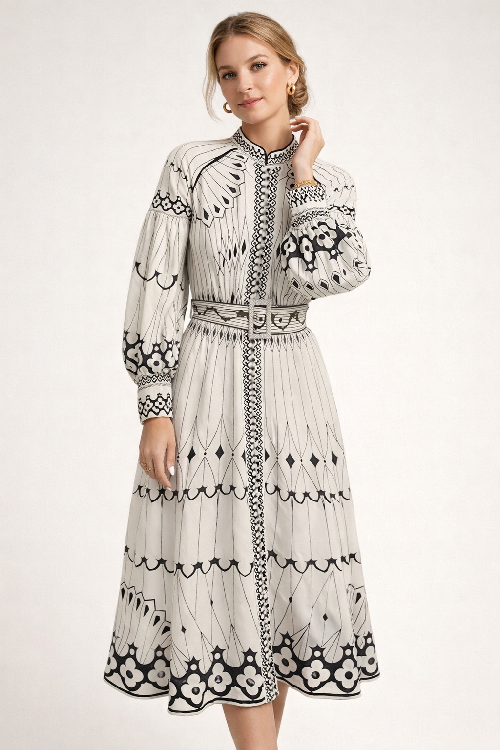 Vestido midi estampado floral manga farol para mujer - Aurelia