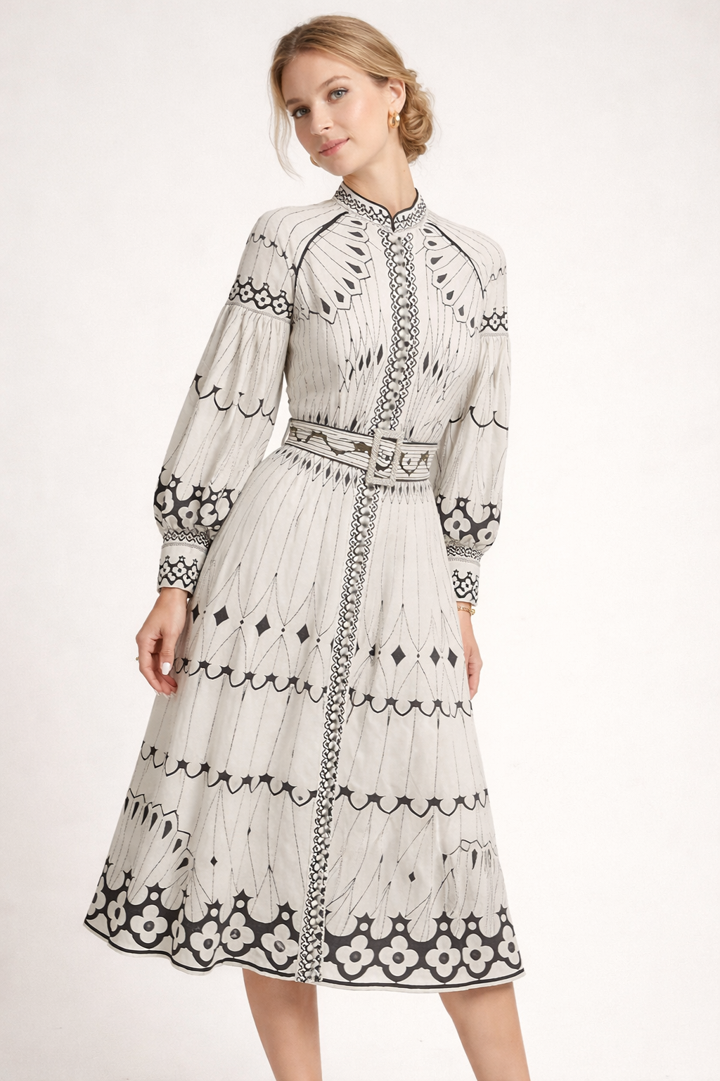Vestido midi estampado floral manga farol para mujer - Aurelia