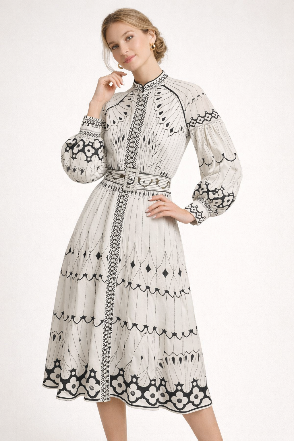Vestido midi estampado floral manga farol para mujer - Aurelia