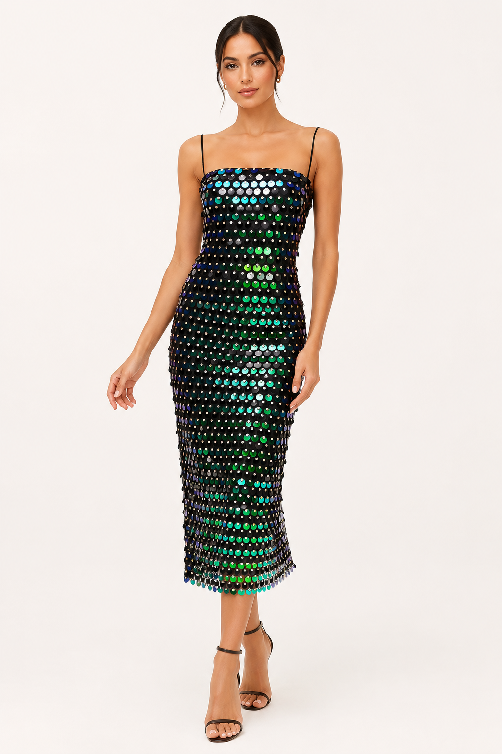 Vestido midi mujer cóctel lentejuelas tirantes finos silueta ceñida – Senta