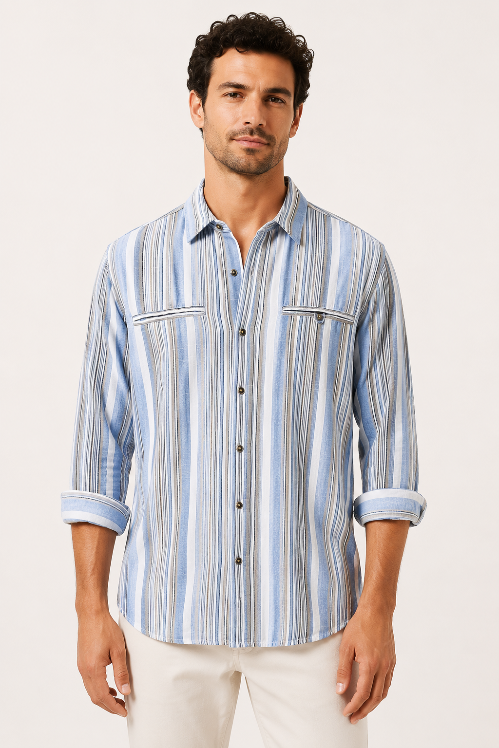 Camisa hombre algodón lino rayas estilo mediterráneo fresca verano – Timo