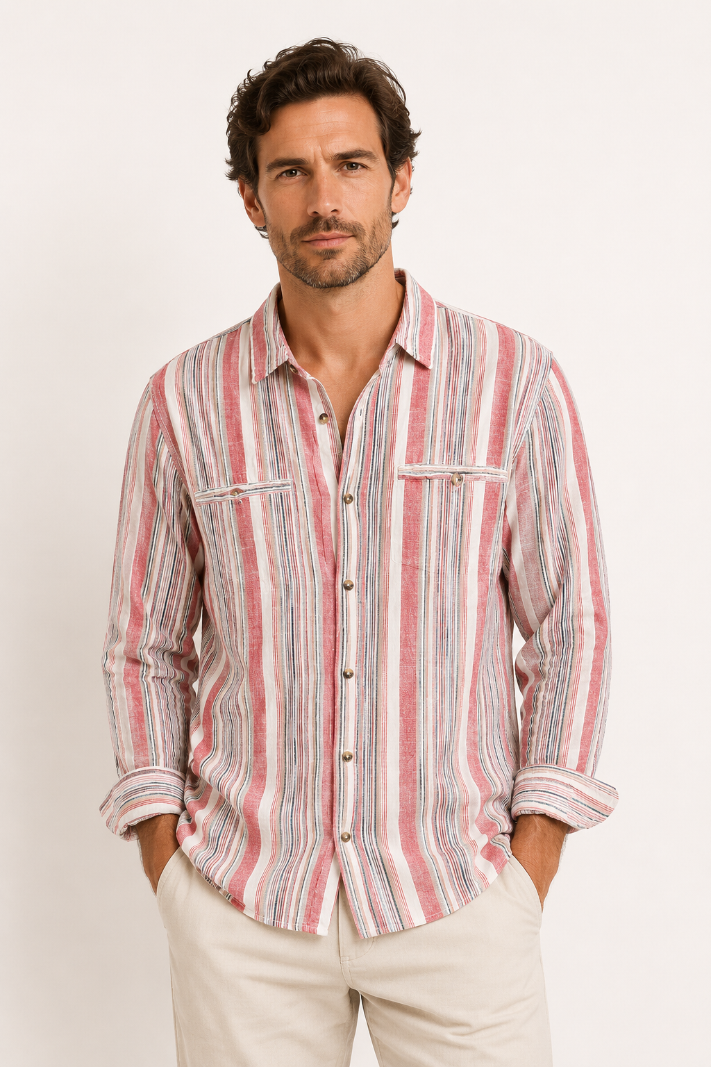 Camisa hombre algodón lino rayas estilo mediterráneo fresca verano – Timo