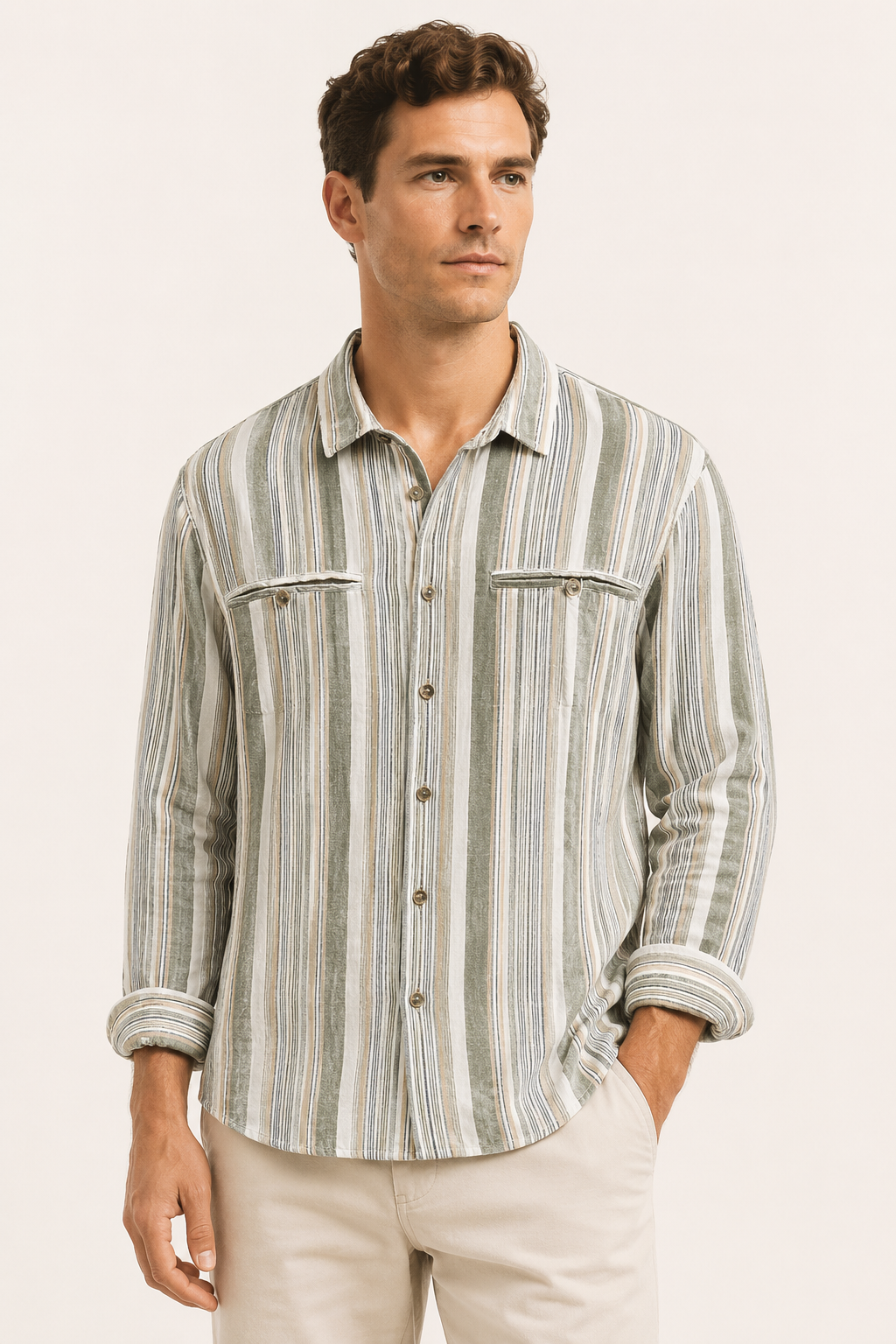 Camisa hombre algodón lino rayas estilo mediterráneo fresca verano – Timo