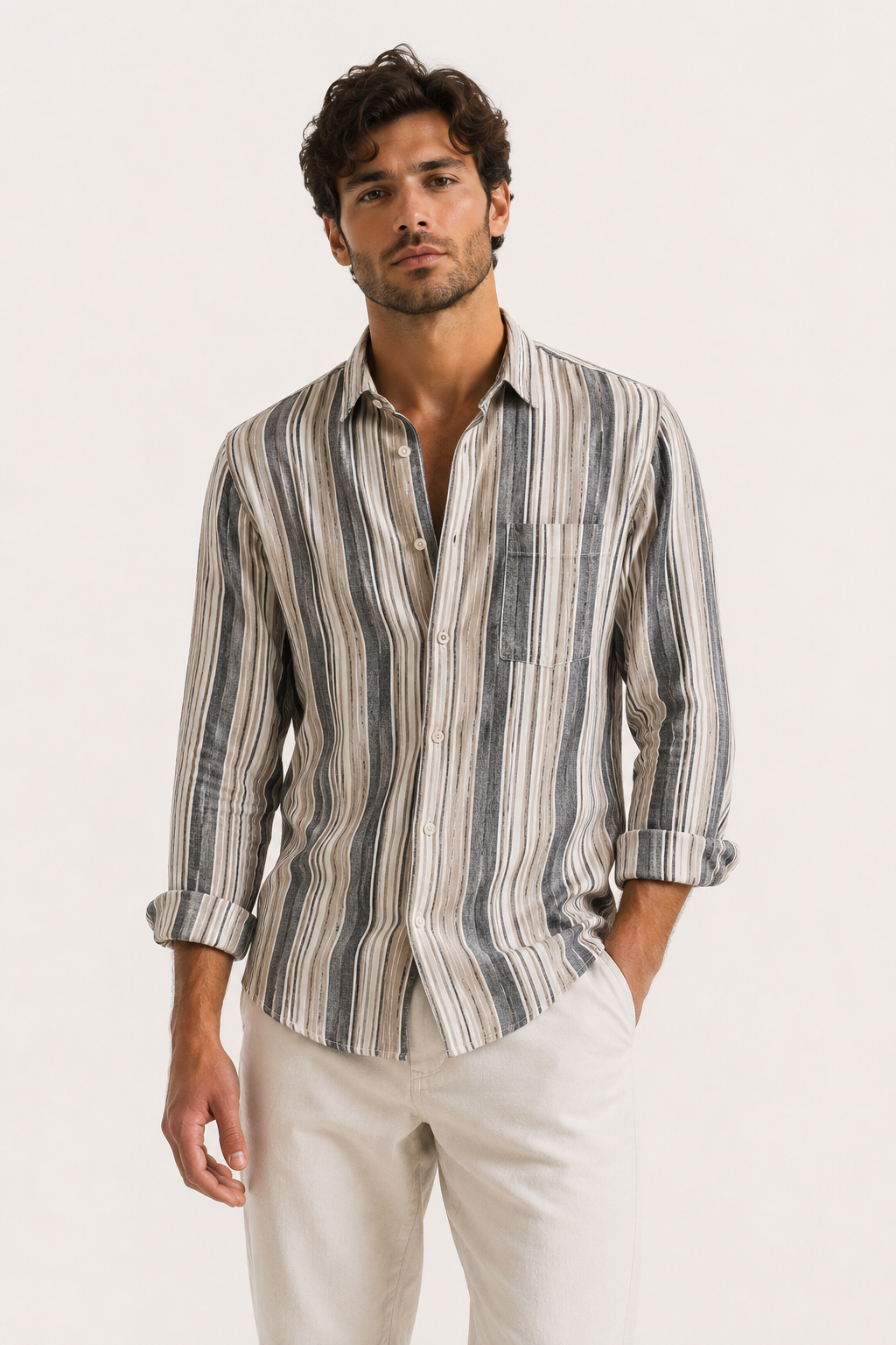 Camisa casual hombre rayas verticales manga larga bolsillo cuello camisero – Kaspar