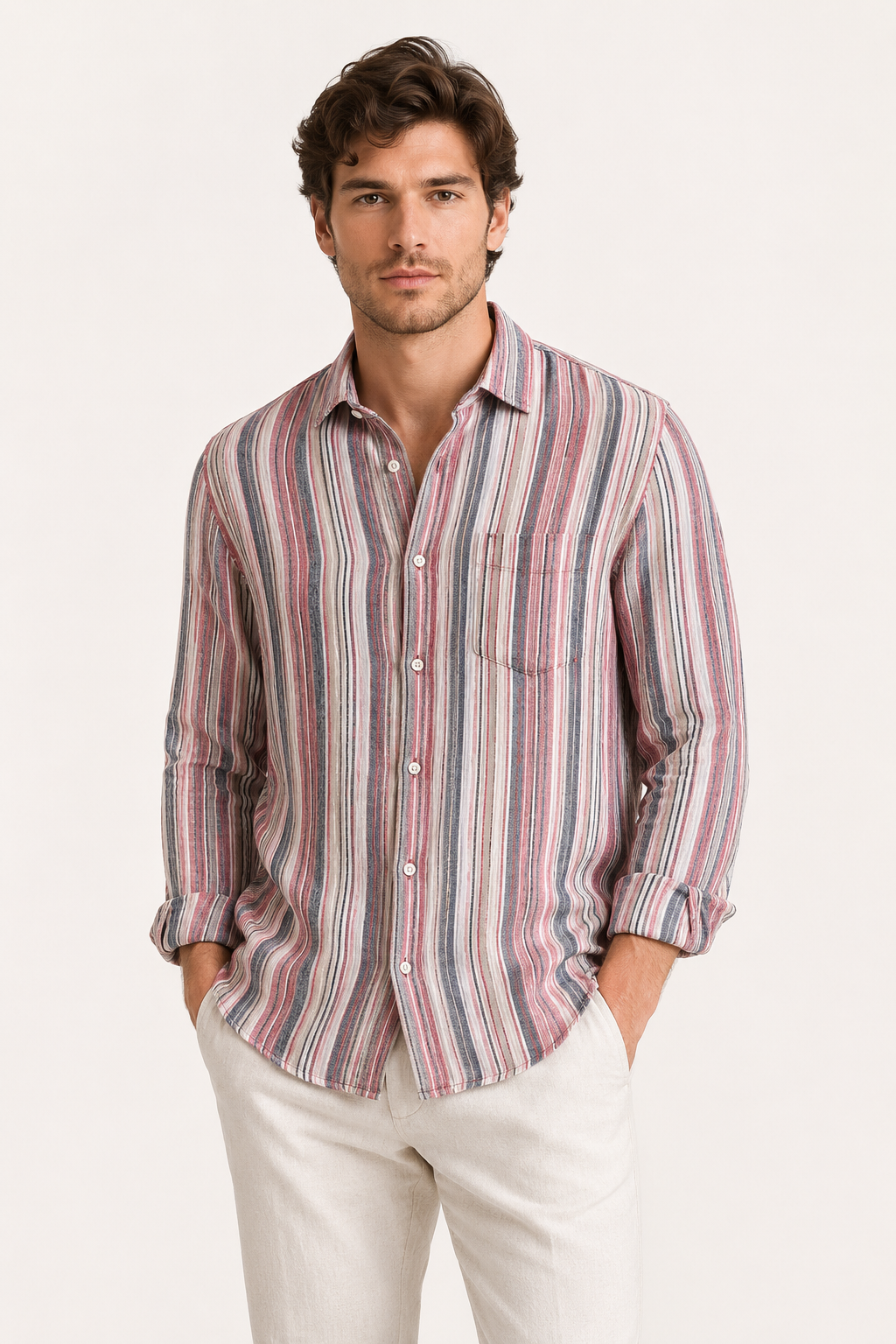 Camisa casual hombre rayas verticales manga larga bolsillo cuello camisero – Kaspar