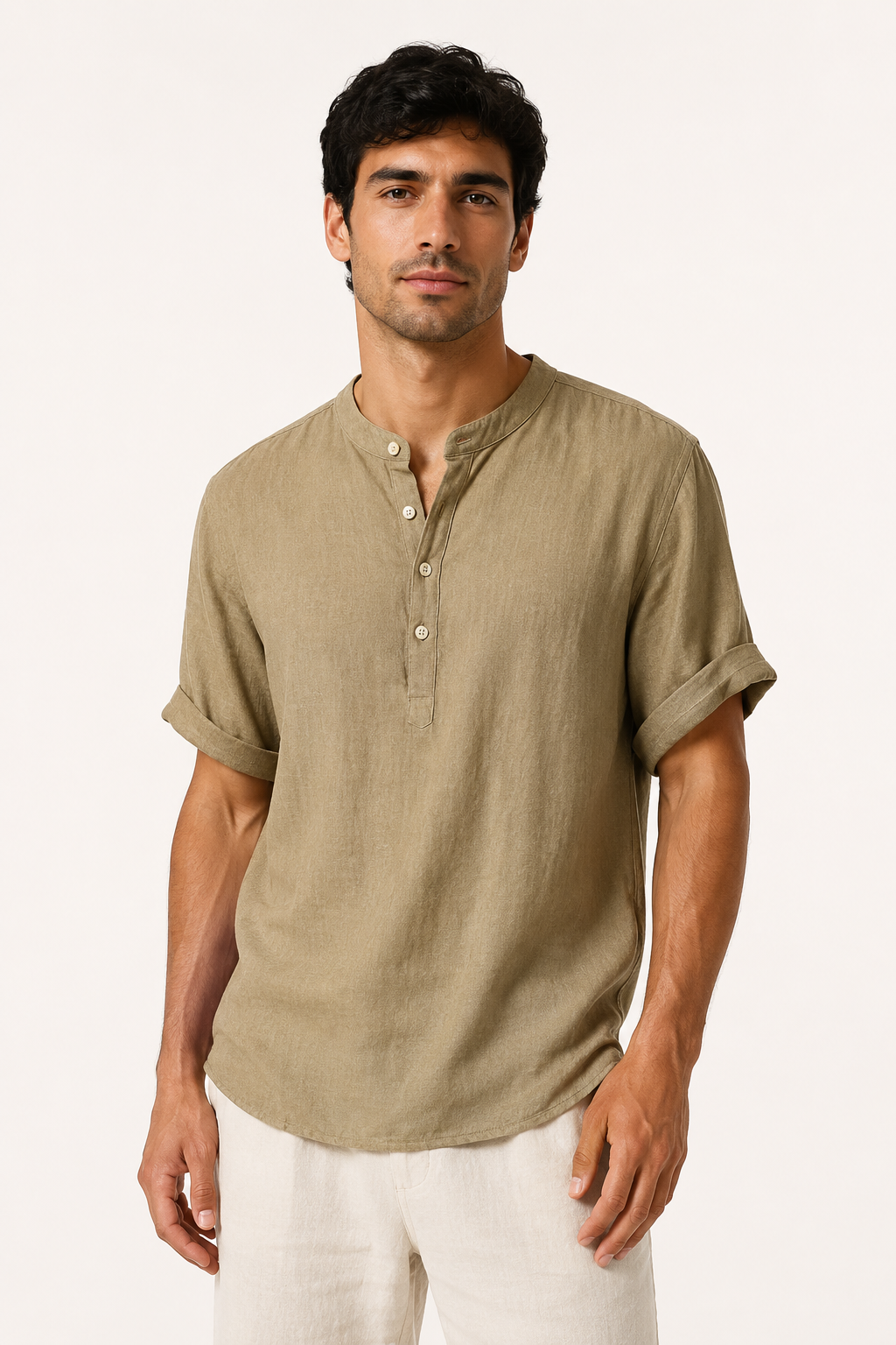 Camisa lino hombre manga corta cuello mao botonadura corta – Stefan