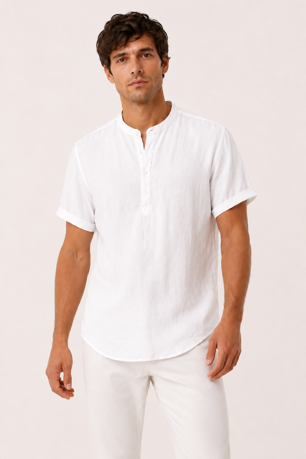 Camisa lino hombre manga corta cuello mao botonadura corta – Stefan