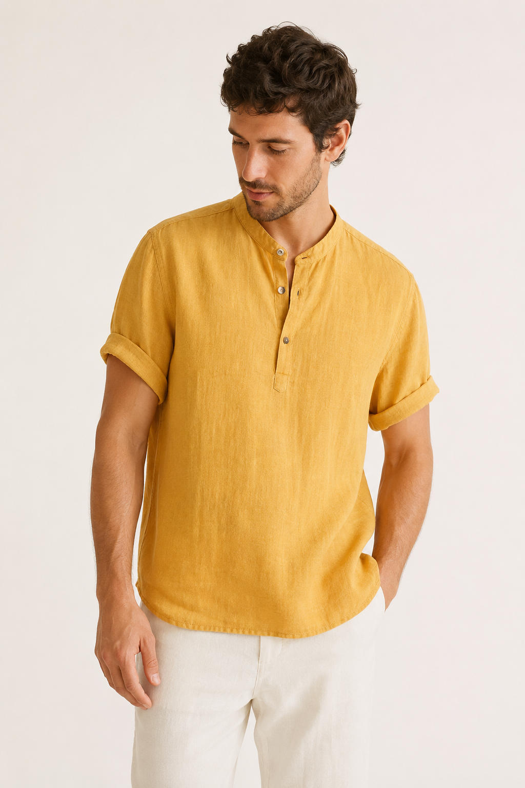 Camisa lino hombre manga corta cuello mao botonadura corta – Stefan