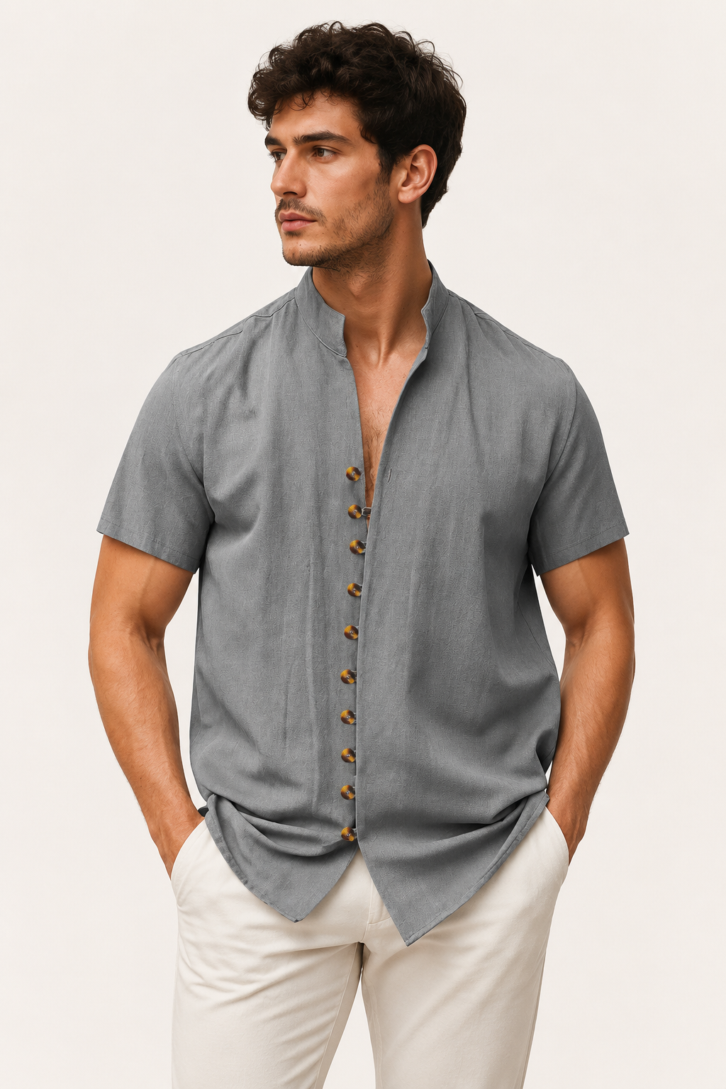 Camisa manga corta hombre cuello mao botonadura completa – Lorenz