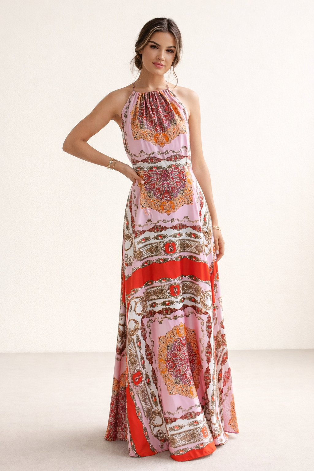 Vestido largo bohemio halter para mujer con estampado - Elisa