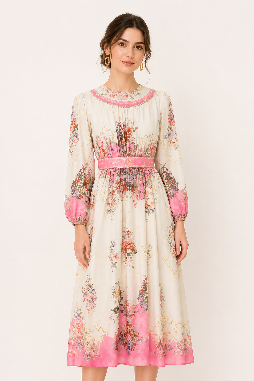 Vestido midi mujer manga larga estampado floral corte entallado - Brenda