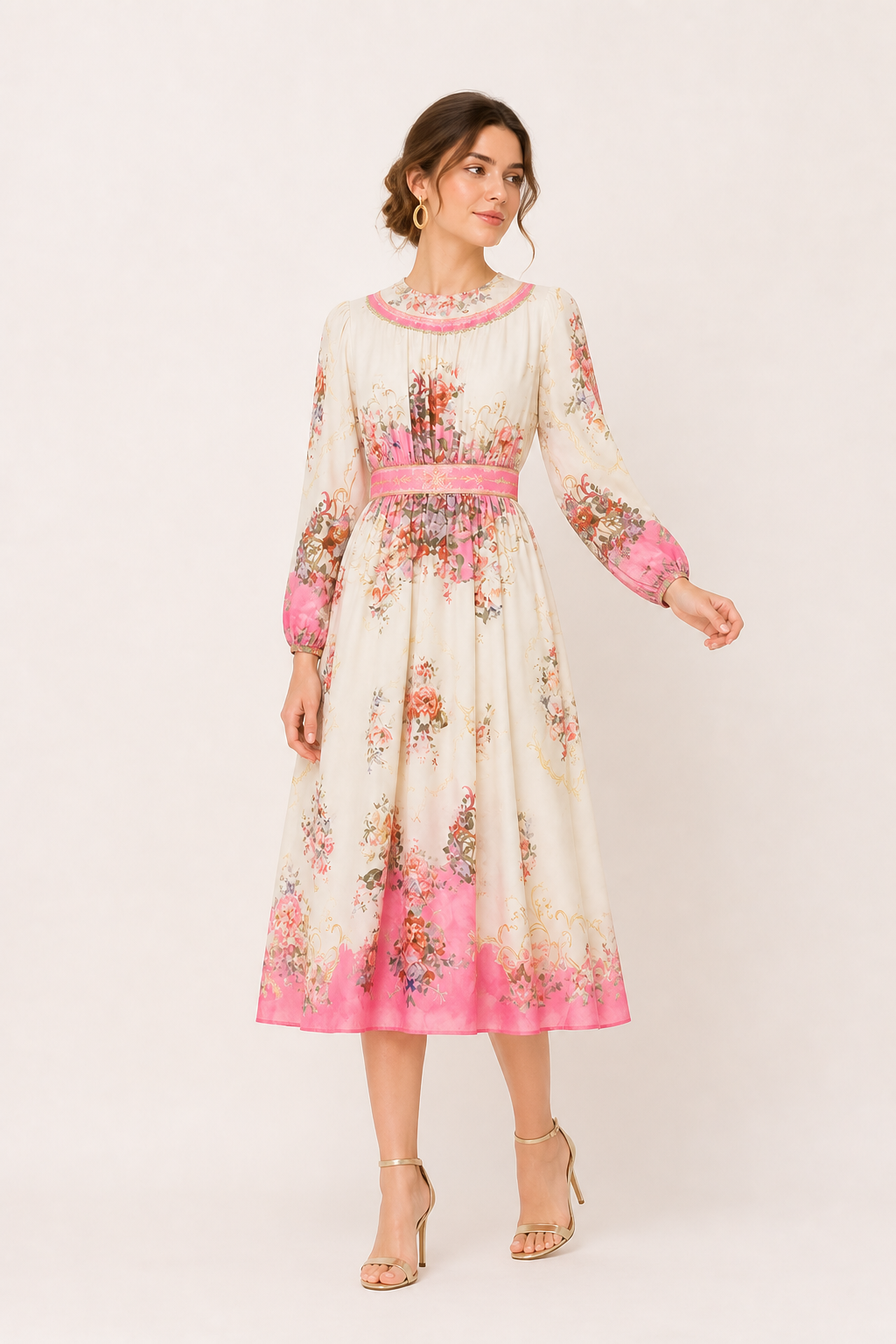 Vestido midi mujer manga larga estampado floral corte entallado - Brenda