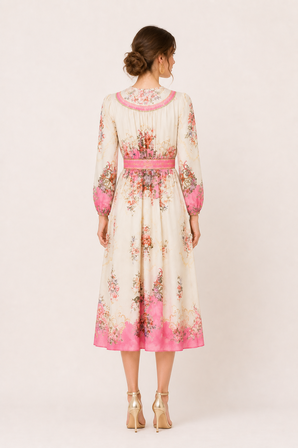 Vestido midi mujer manga larga estampado floral corte entallado - Brenda