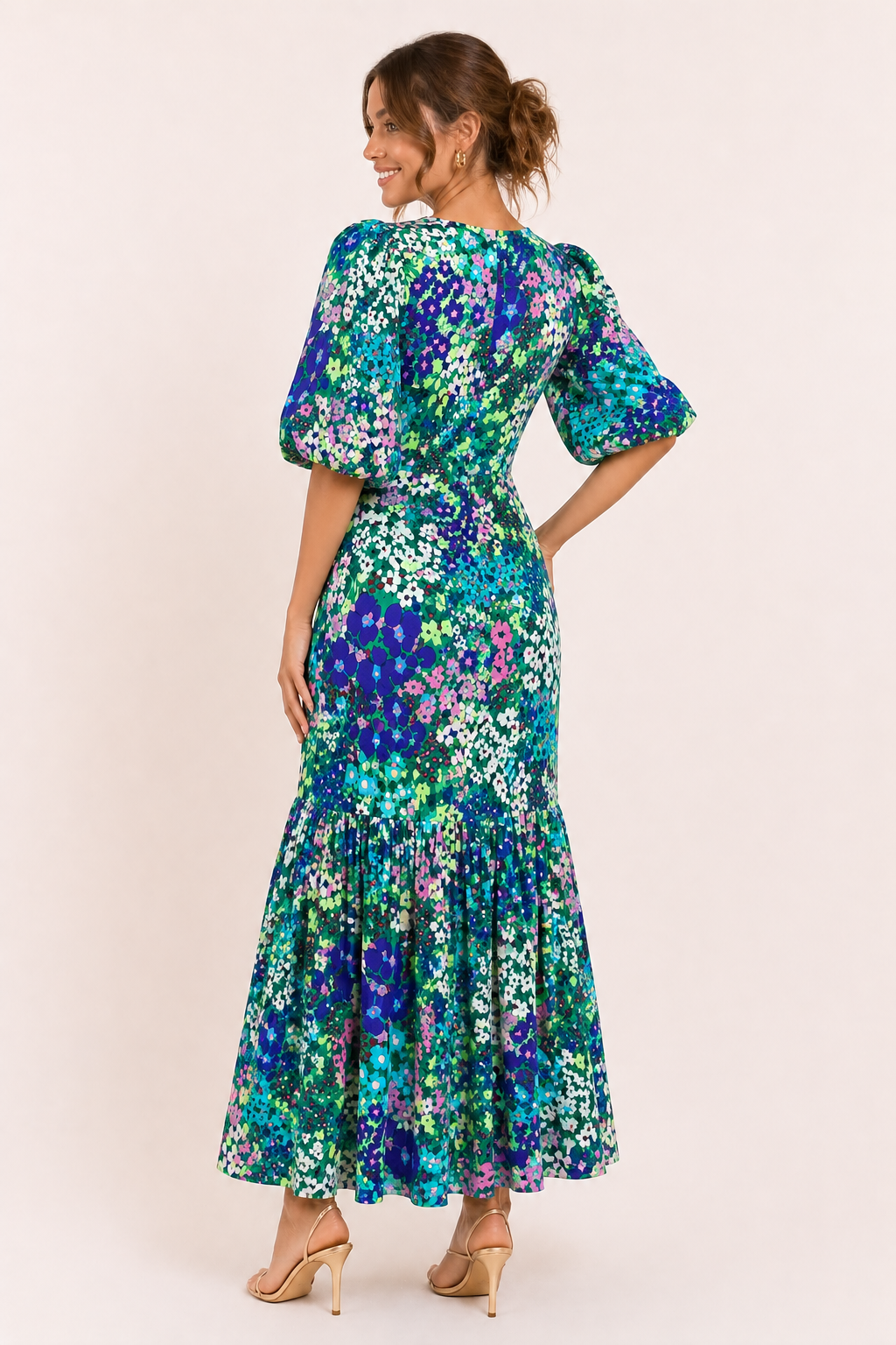 Vestido midi mujer floral manga abullonada - Nani