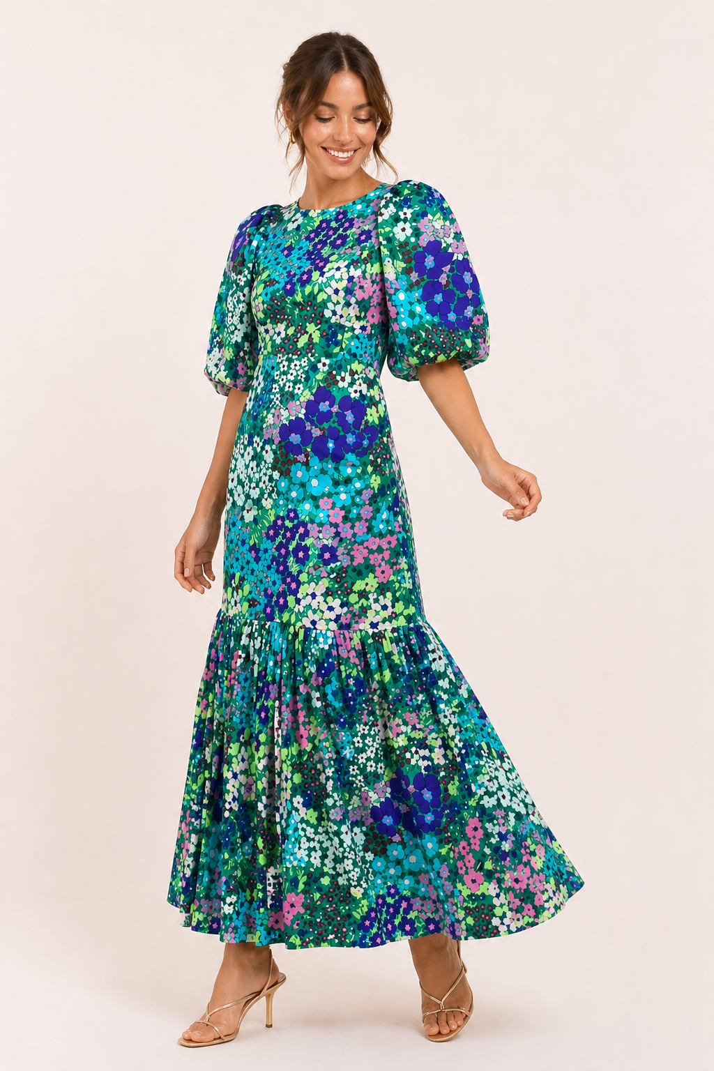 Vestido midi mujer floral manga abullonada - Nani