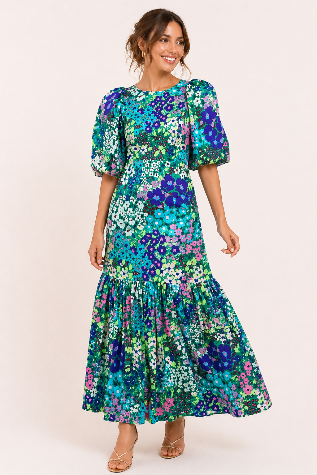 Vestido midi mujer floral manga abullonada - Nani