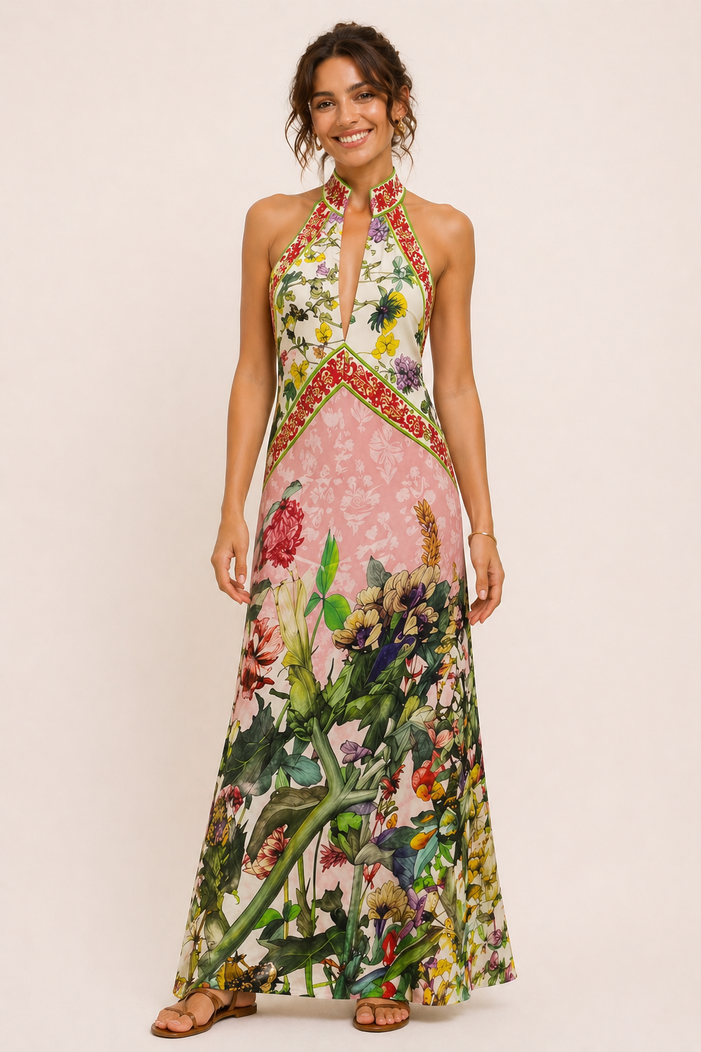 Vestido largo mujer halter floral abertura - Valery