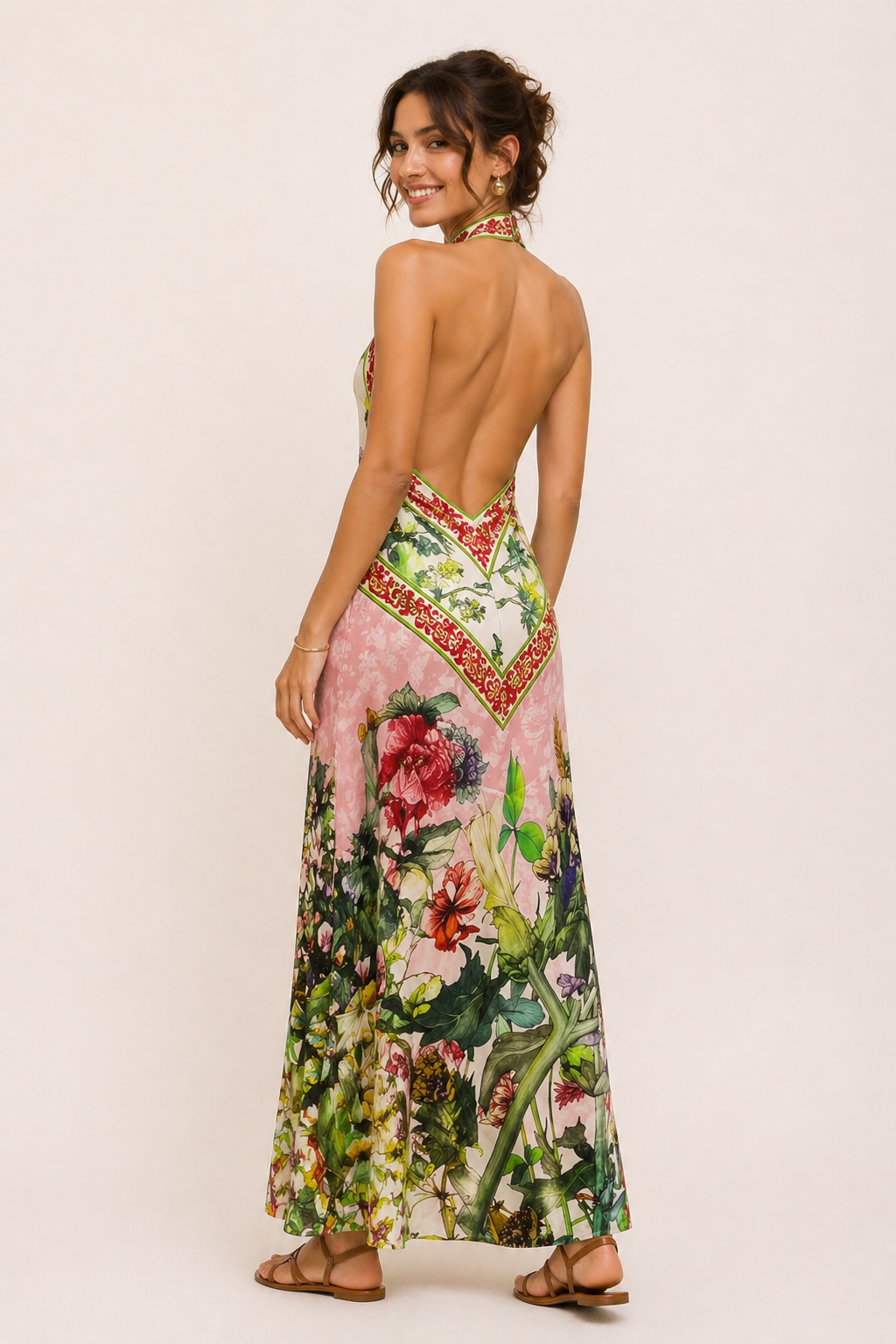 Vestido largo mujer halter floral abertura - Valery