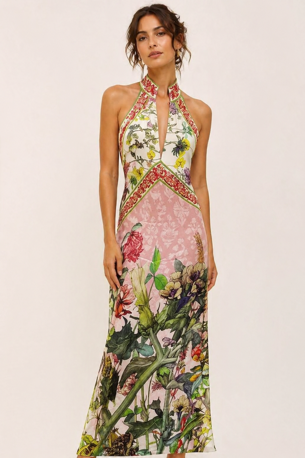 Vestido largo mujer halter floral abertura - Valery