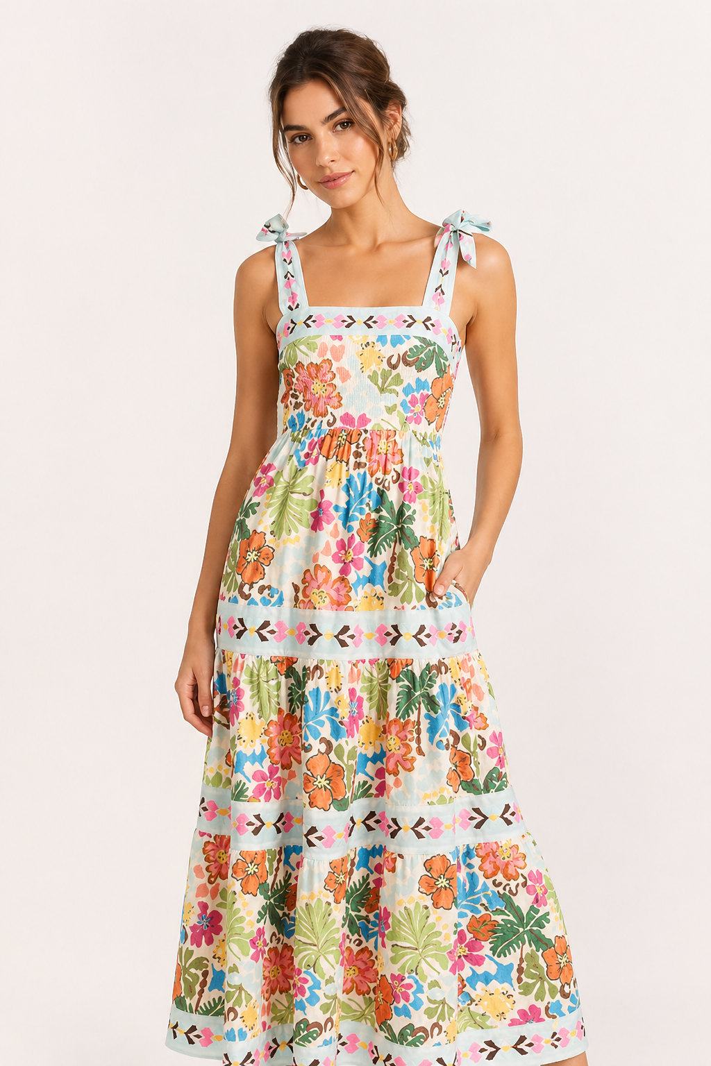 Vestido midi mujer tirantes lazo estampado floral verano - Estela