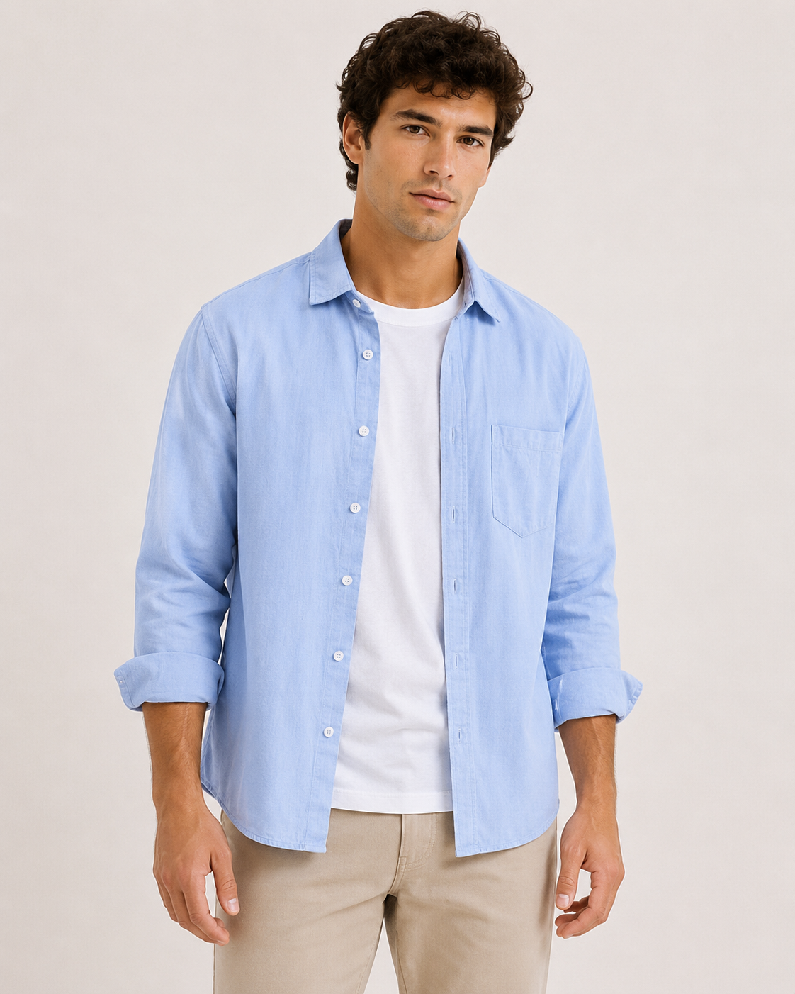 Camisa lino hombre manga larga bolsillo cuello camisero casual – Emil