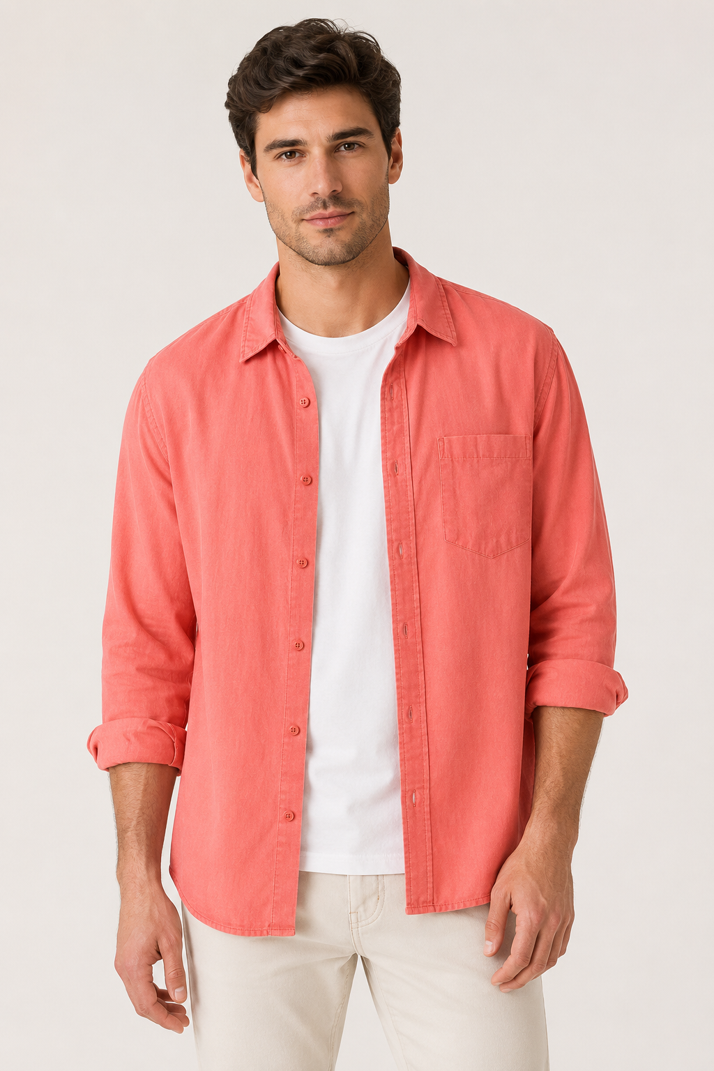 Camisa lino hombre manga larga bolsillo cuello camisero casual – Emil