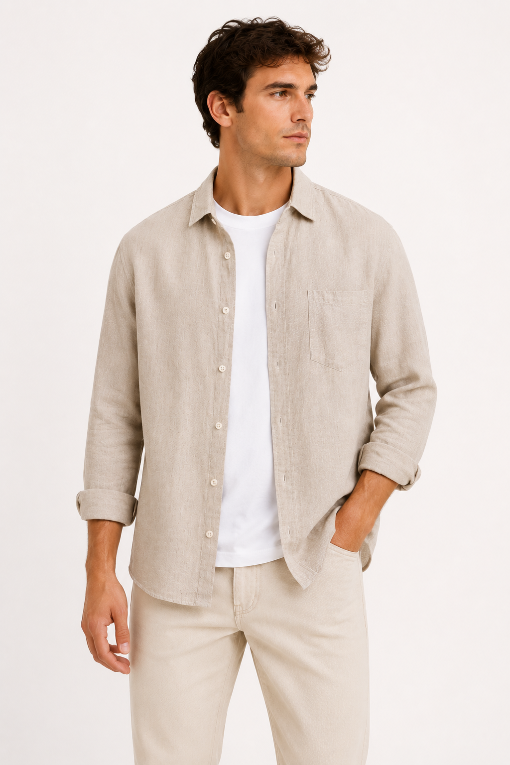 Camisa lino hombre manga larga bolsillo cuello camisero casual – Emil