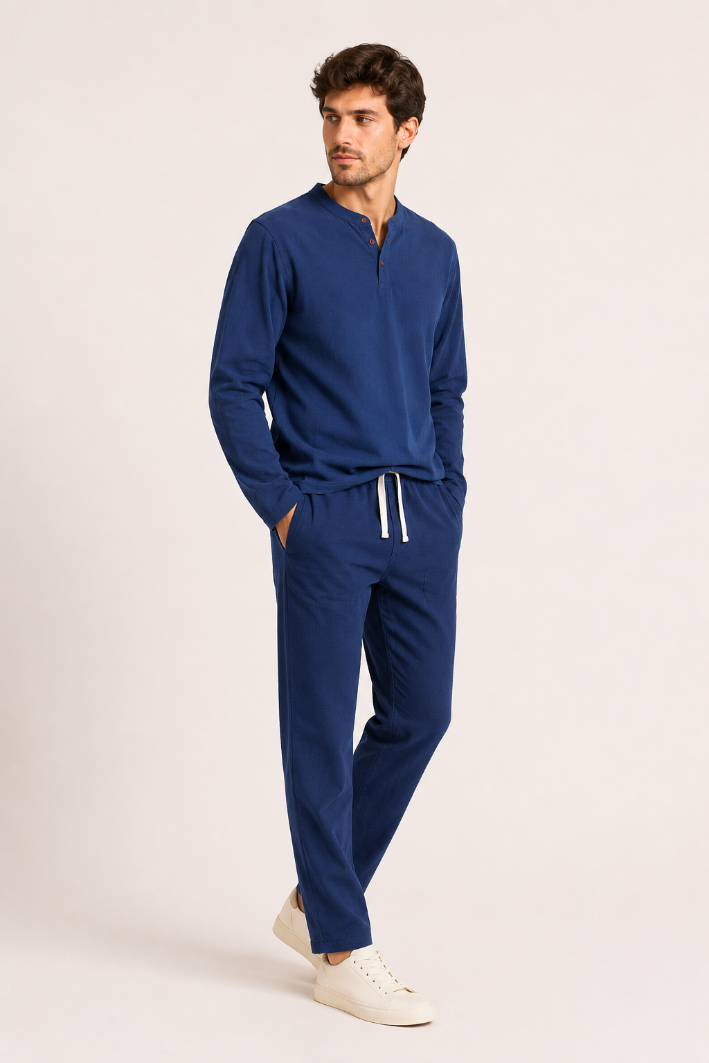 Conjunto hombre lino camiseta manga larga cuello henley pantalón casual verano – Jörg