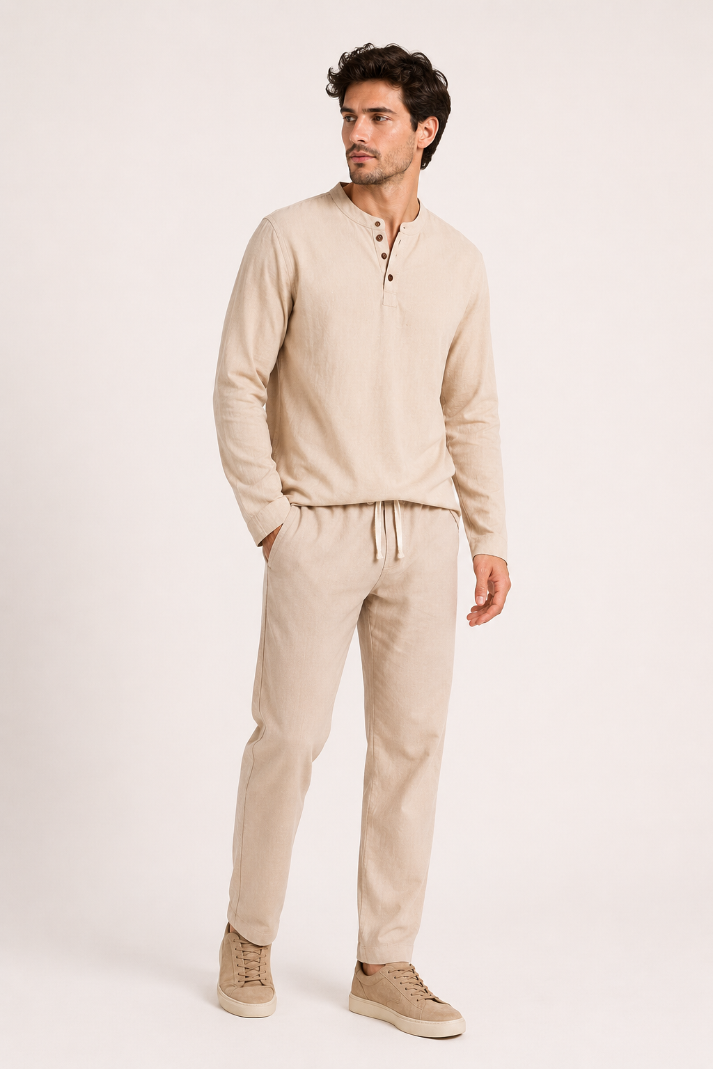 Conjunto hombre lino camiseta manga larga cuello henley pantalón casual verano – Jörg