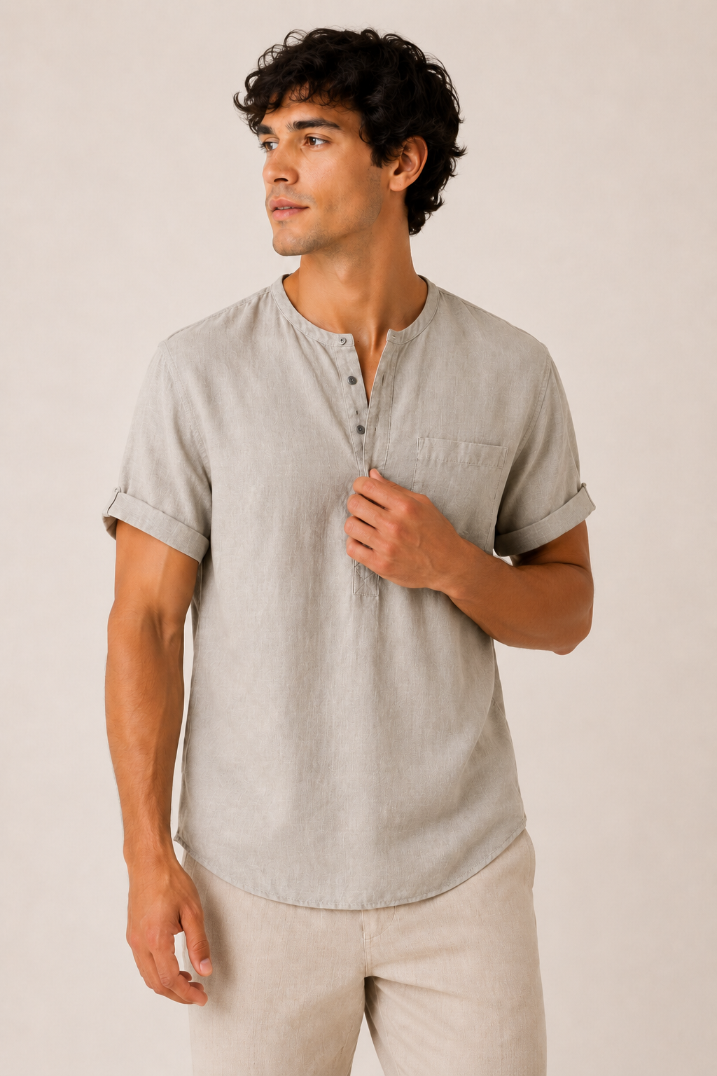 Camisa manga corta hombre cuello mao bolsillo remangada casual – James