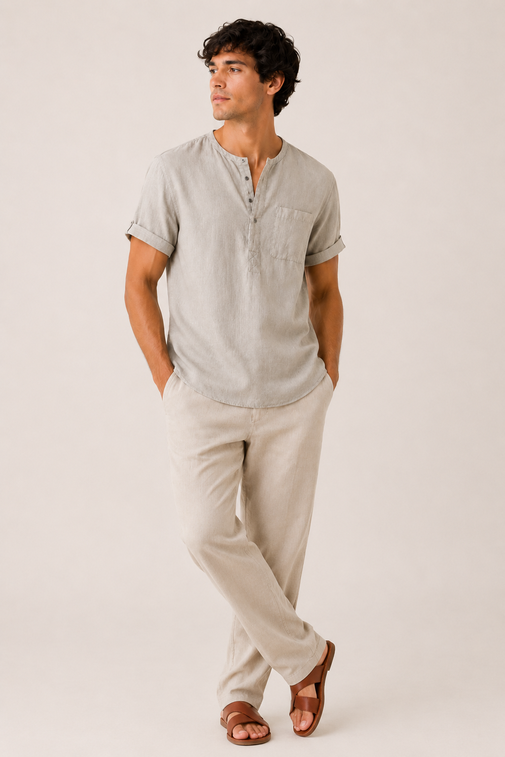 Camisa manga corta hombre cuello mao bolsillo remangada casual – James
