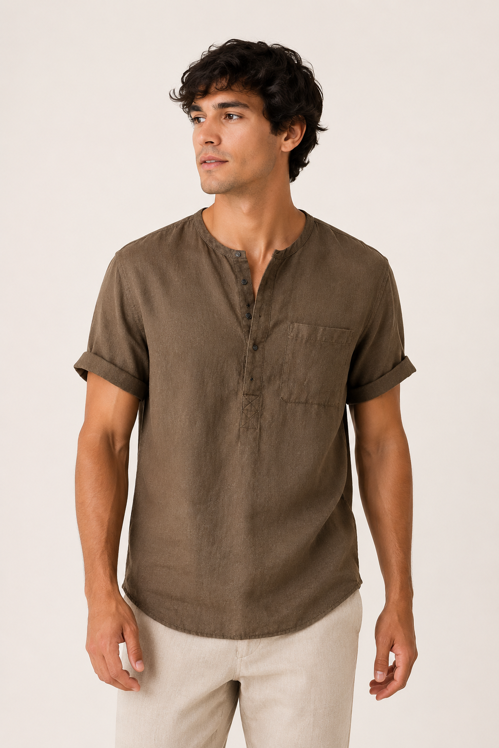 Camisa manga corta hombre cuello mao bolsillo remangada casual – James