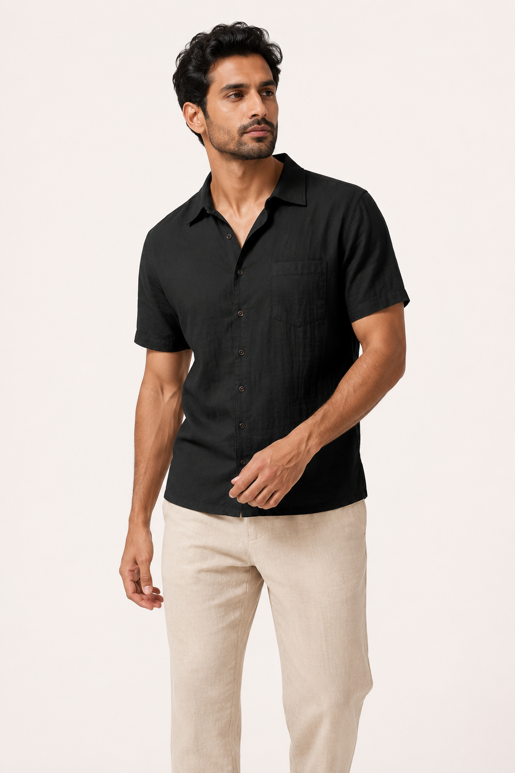 Camisa lino manga corta hombre bolsillo cuello clásico – Patricio
