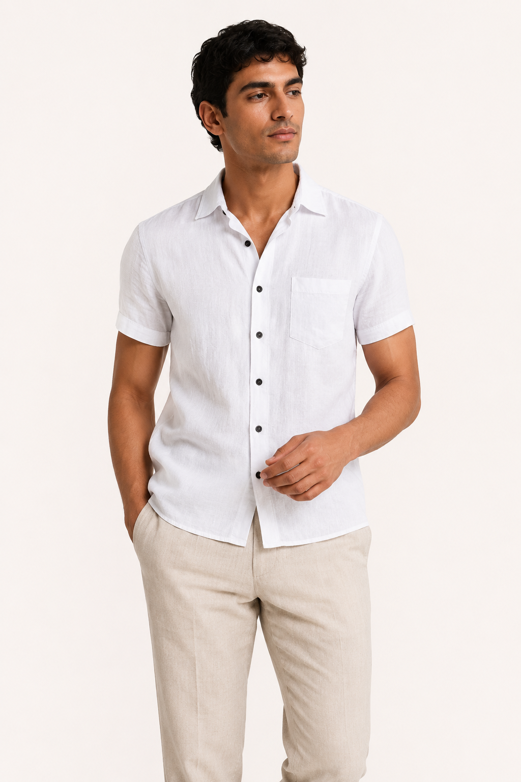 Camisa lino manga corta hombre bolsillo cuello clásico – Patricio